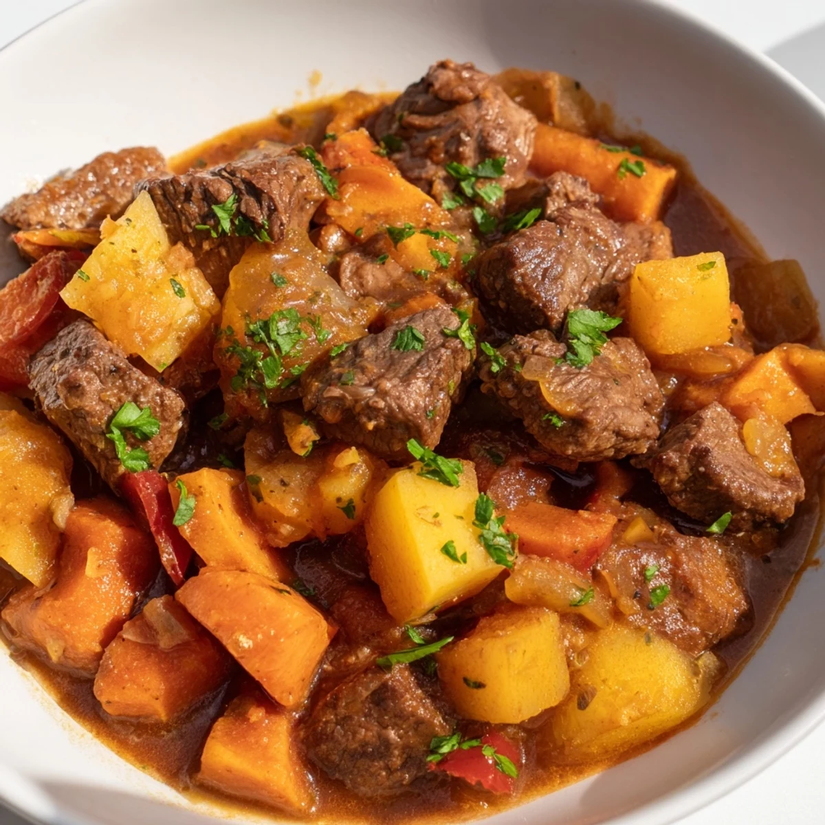 Tender Instant Pot Beef Stew with root vegetables, in a rich, flavorful broth, ready to serve and enjoy.