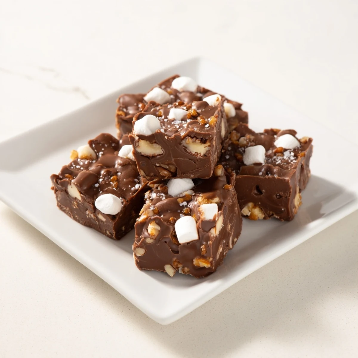 Melted chocolate and marshmallow layers create delicious Easy Marshmallow Fudge, ready to slice.