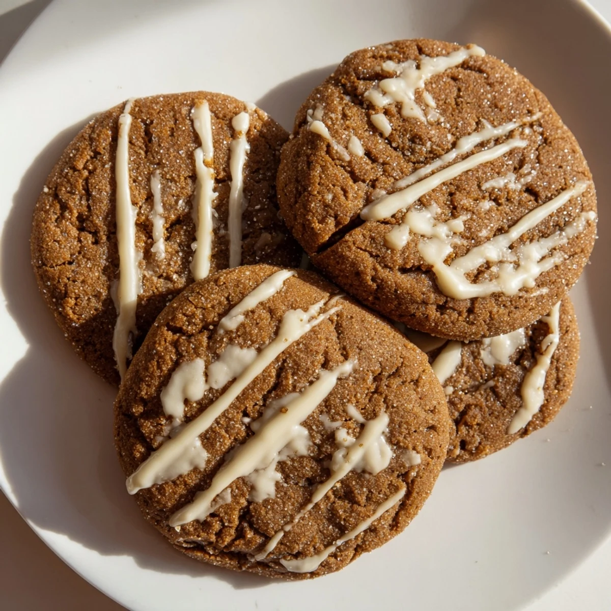 Warm gingerbread latte cookies with espresso undertones, drizzled with sweet white chocolate.