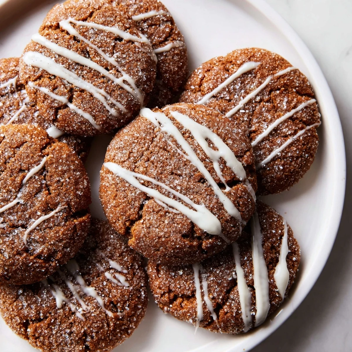 Close-up of freshly baked gingerbread latte cookies, showing crackled tops and sugar coating.