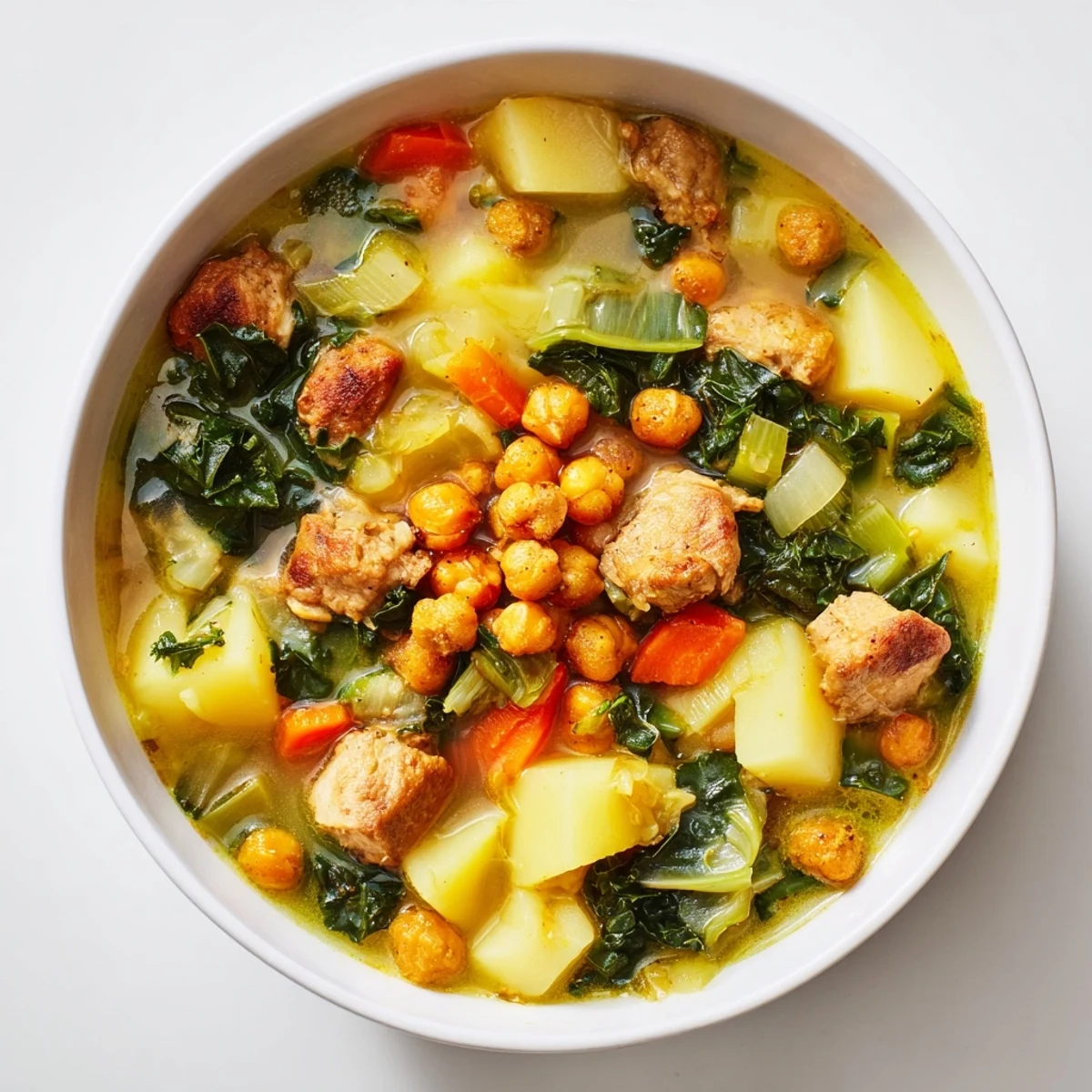 This vibrant photo shows a hearty Chicken Kale Soup, complete with tender chicken and beautiful kale.