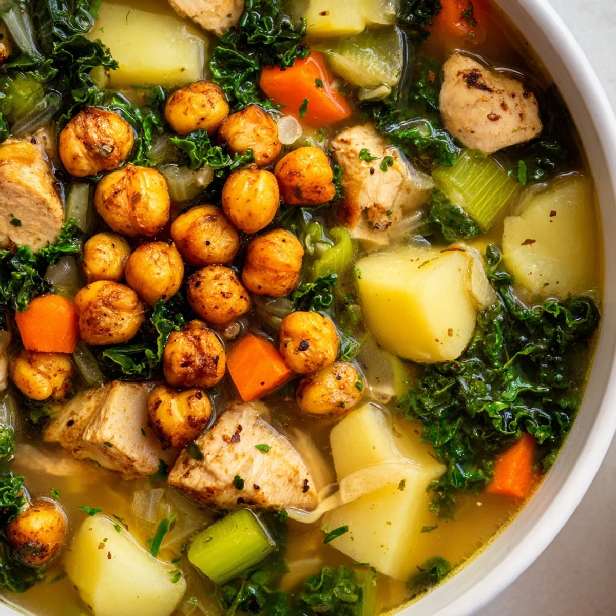 Chicken Kale Soup Crispy Chickpeas