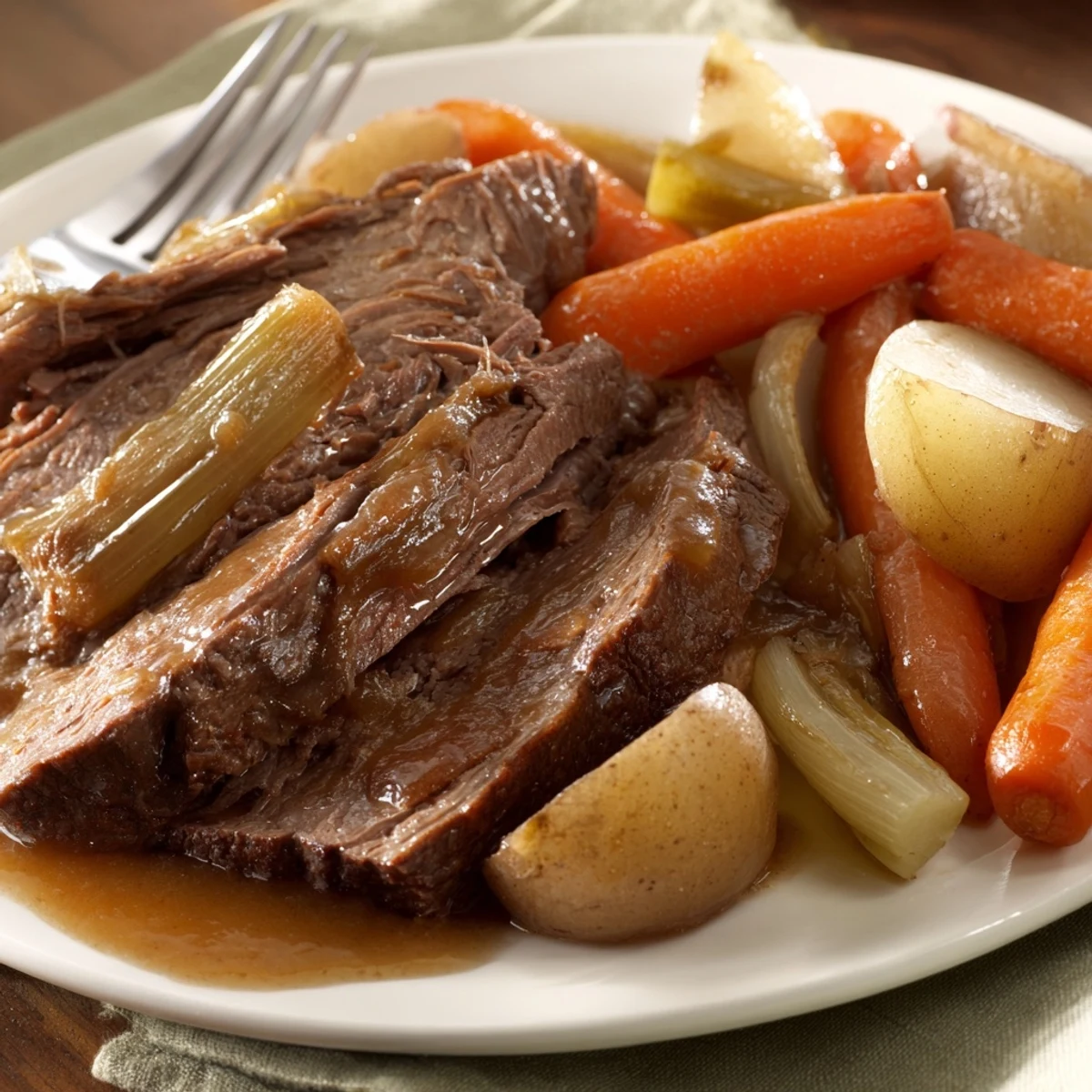 Fork-tender Pickle Brine Pot Roast: A close-up view of beef, carrots, and potatoes in rich juices.
