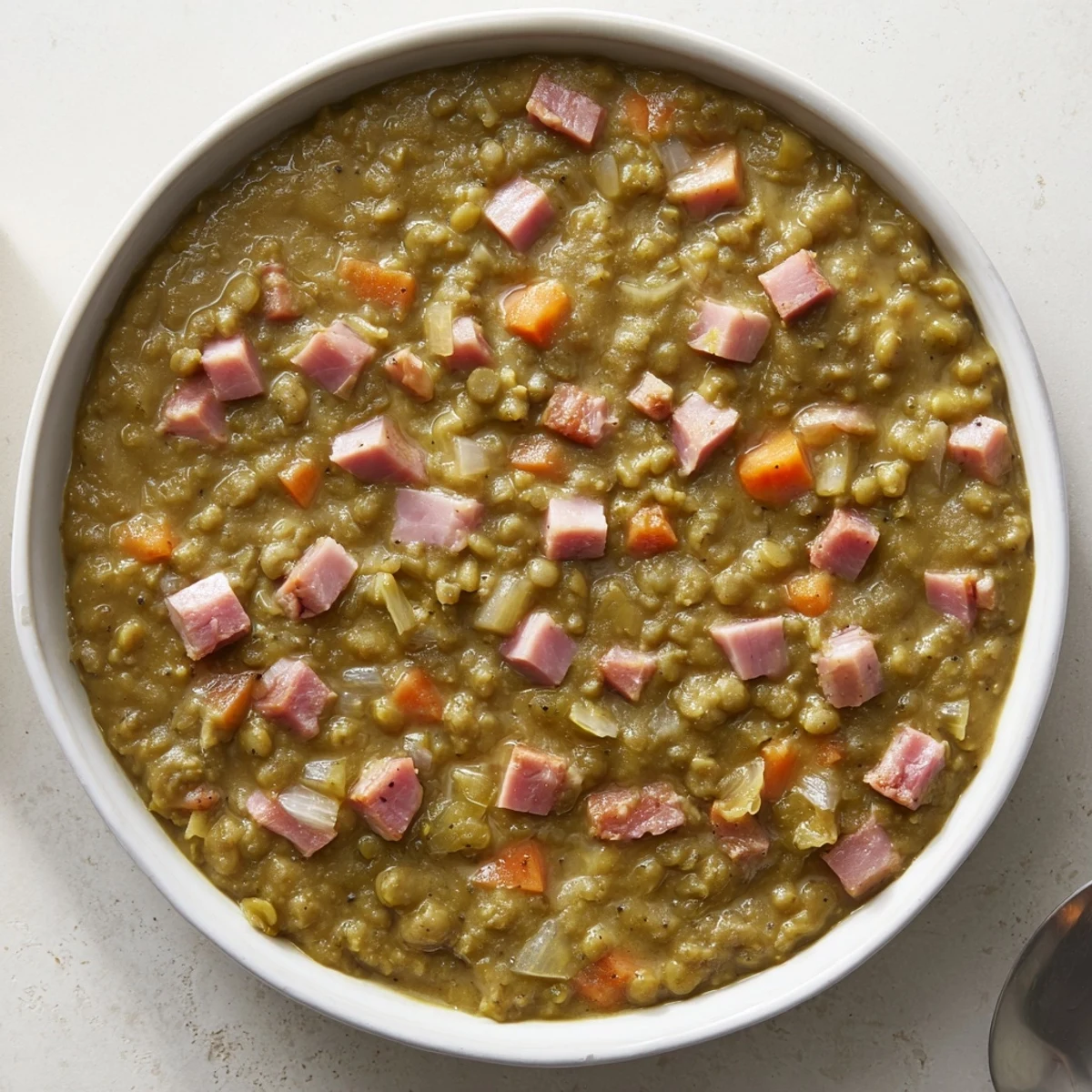 Bright, comforting image of a bowl of Hearty Split Pea and Ham Soup, perfect for a cold day.