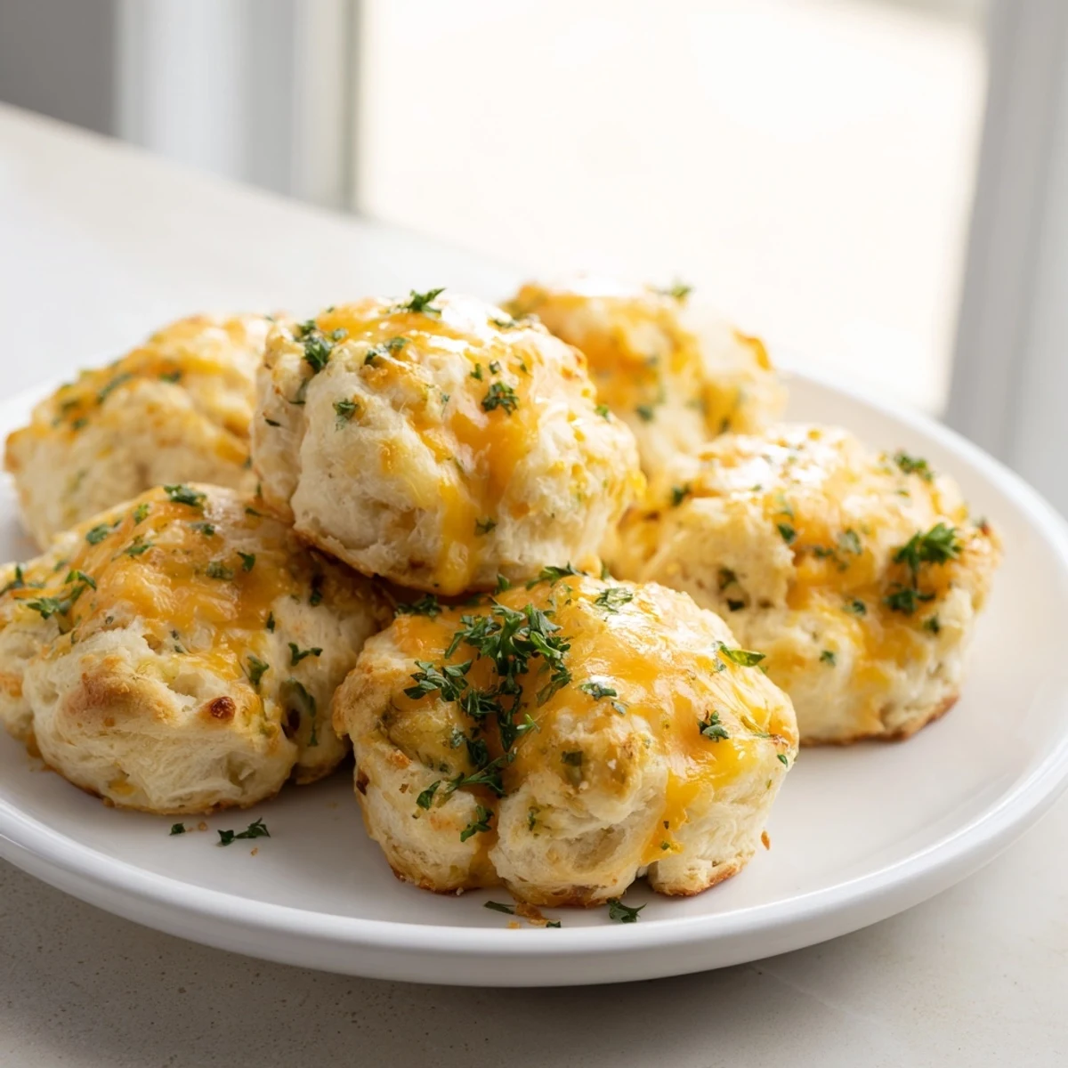 Golden brown Mini Cheddar Bay Biscuit Pull-Aparts, warm from the oven, ready to be shared with friends.