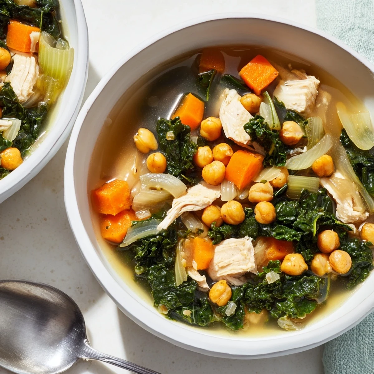 Steaming bowl of Chicken Kale Soup with crispy chickpeas, the perfect cozy gluten-free dinner.