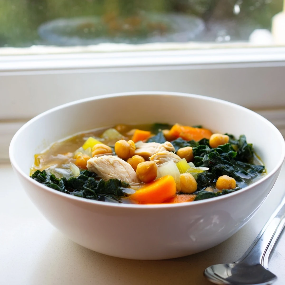 Close-up of hearty Chicken Kale Soup, garnished with golden, crunchy chickpeas, ready to enjoy.