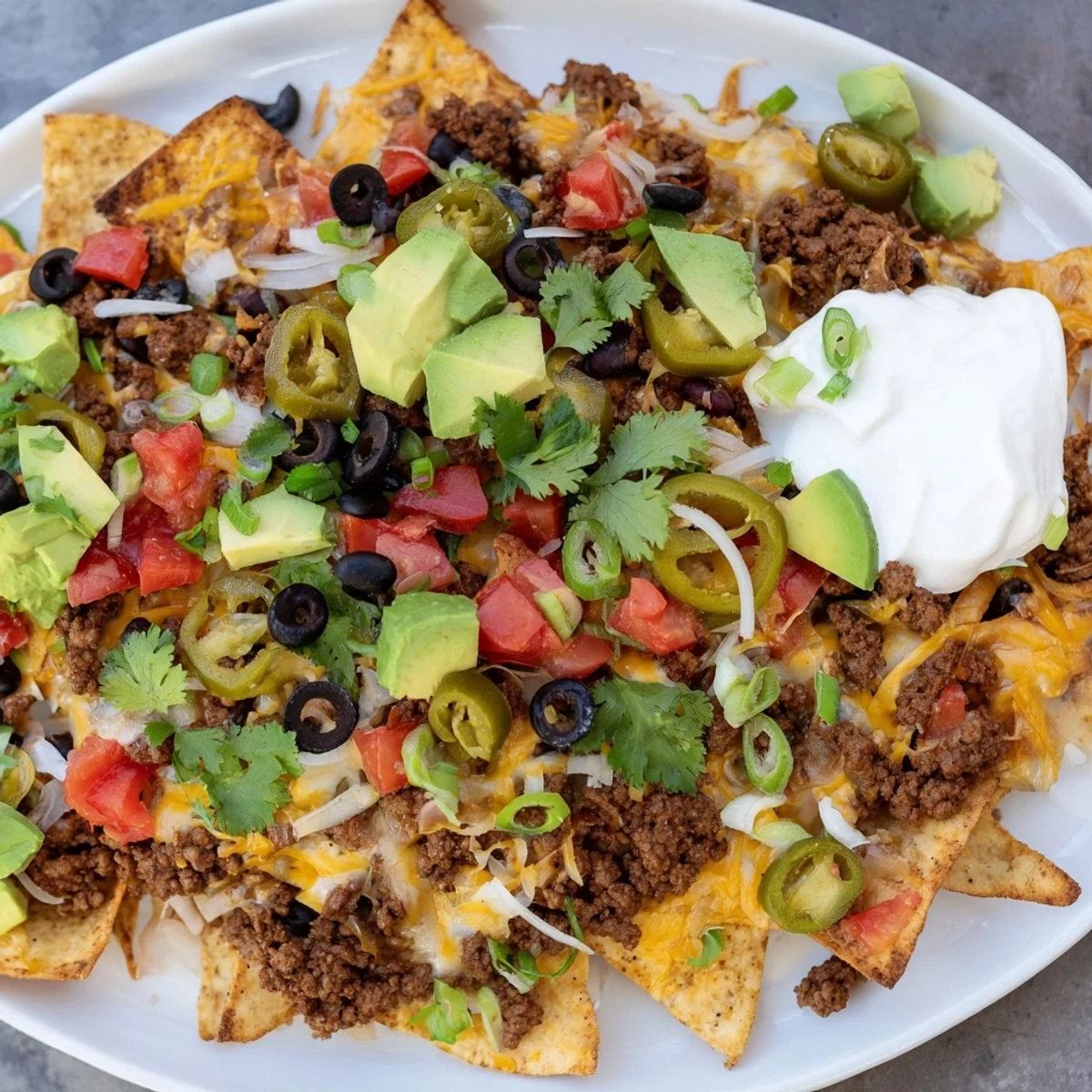 A loaded sheet pan of nachos with budget ground beef, melted cheese, and fresh toppings is ready to serve.