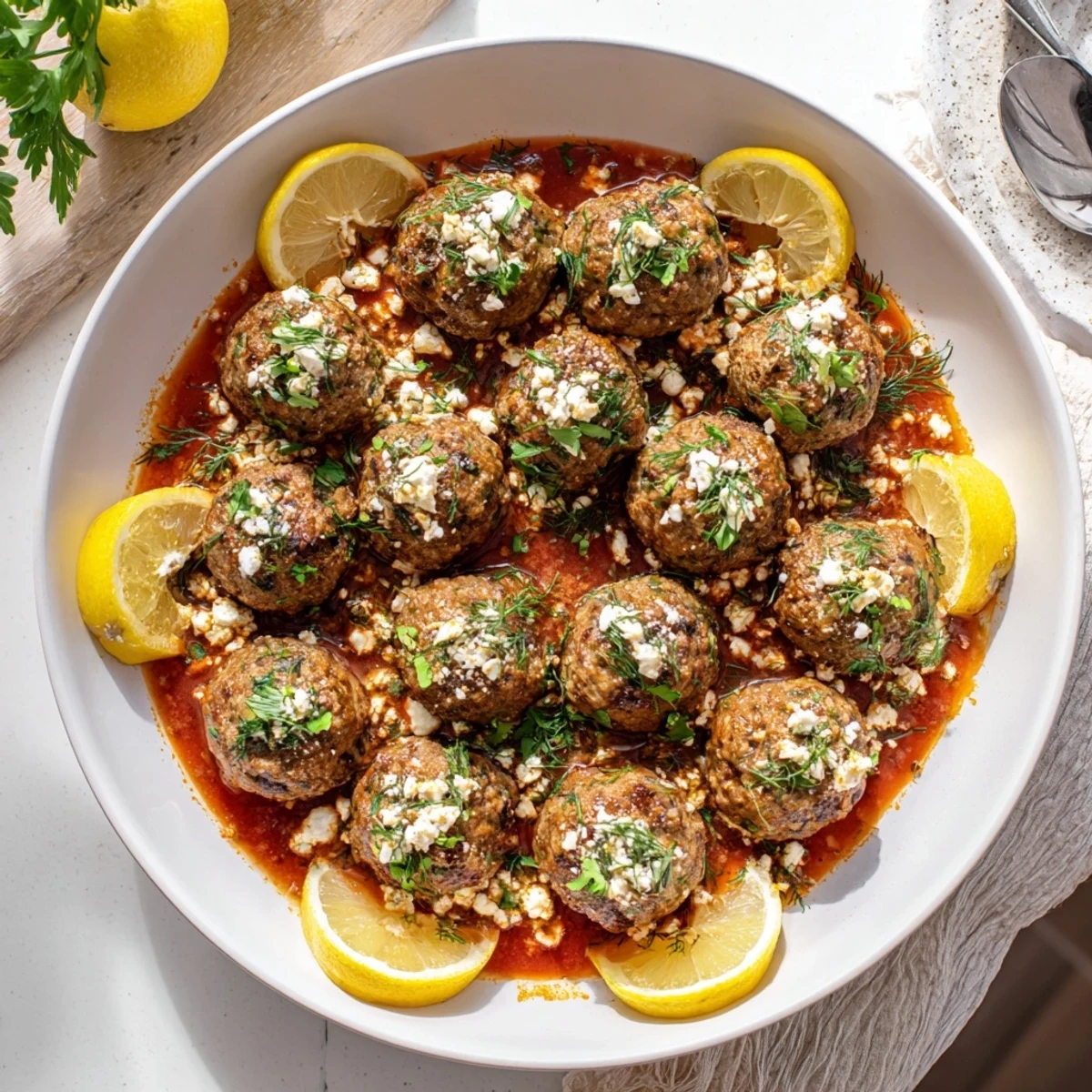 Tender Instant Pot Greek-Style Meatballs, served with vibrant lemon-feta sauce for a Greek feast.