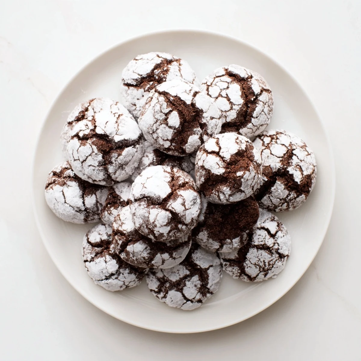 Golden-brown Chocolate Crinkle Cookies, a classic dessert with a delightful, sweet chocolate aroma.