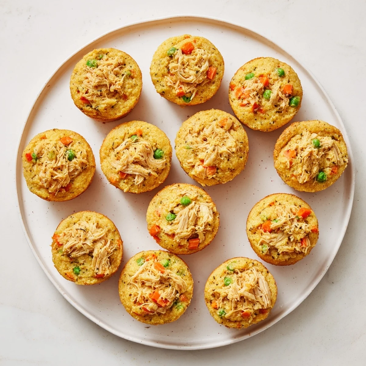 A close-up of hearty Chicken Pot Pie Cornbread Muffins displaying tender chicken and flaky cornbread crust.