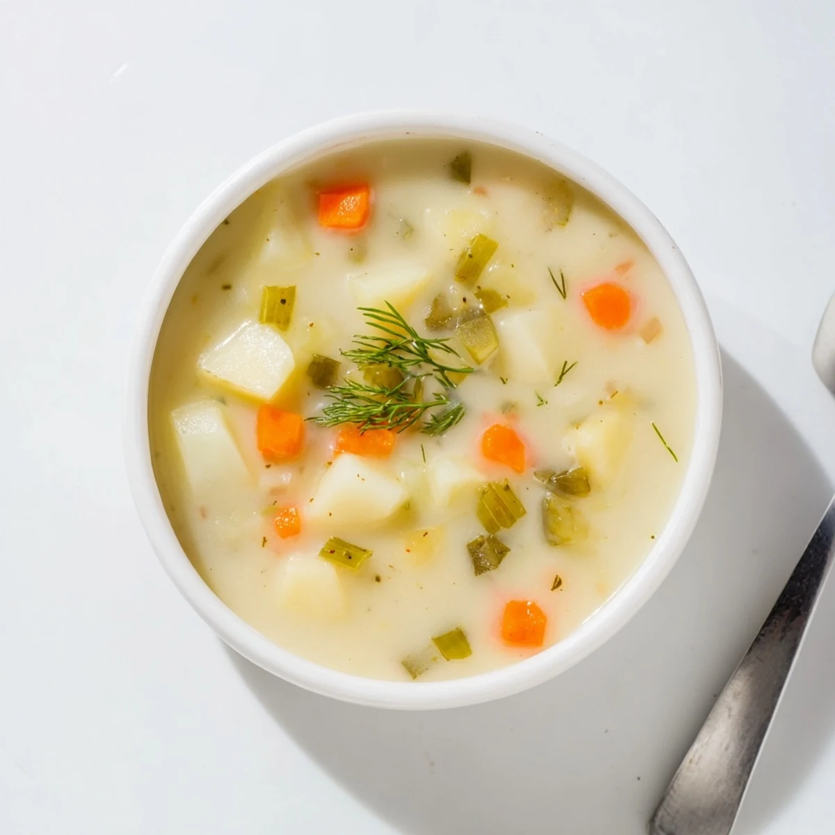 Steaming bowl of creamy dill pickle soup, perfect for a cozy, comforting lunch.