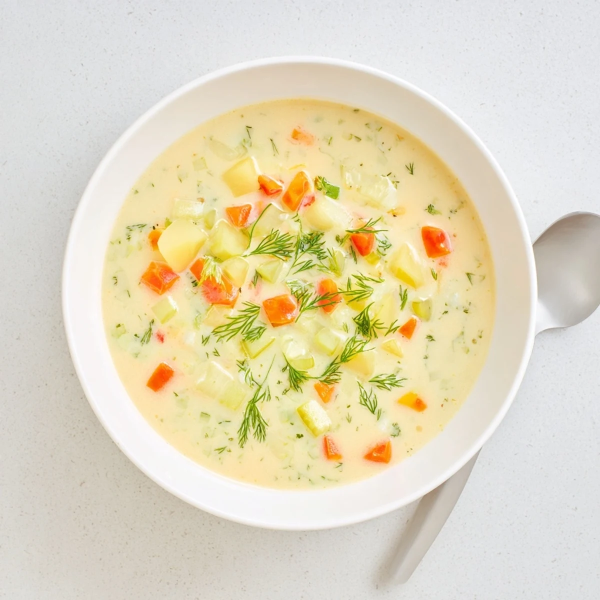 Hearty and warming, a close-up shows the delicious creamy dill pickle soup with fresh dill.