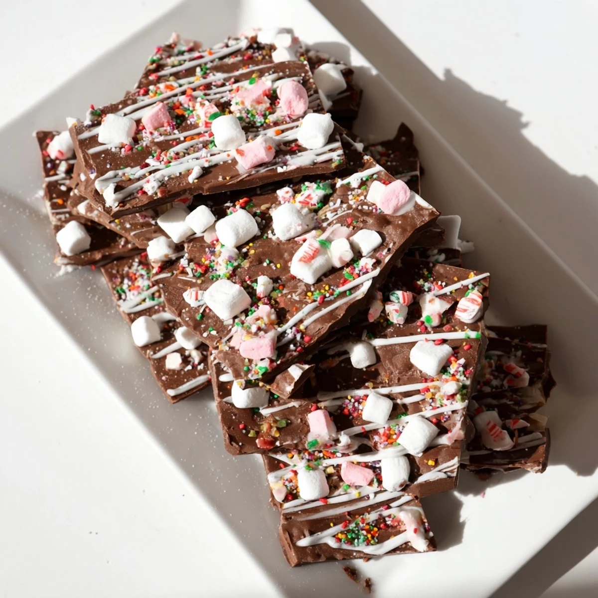Delicious, easy-to-make layers of decadent Viral Hot Chocolate Bomb Bark with white chocolate drizzle.