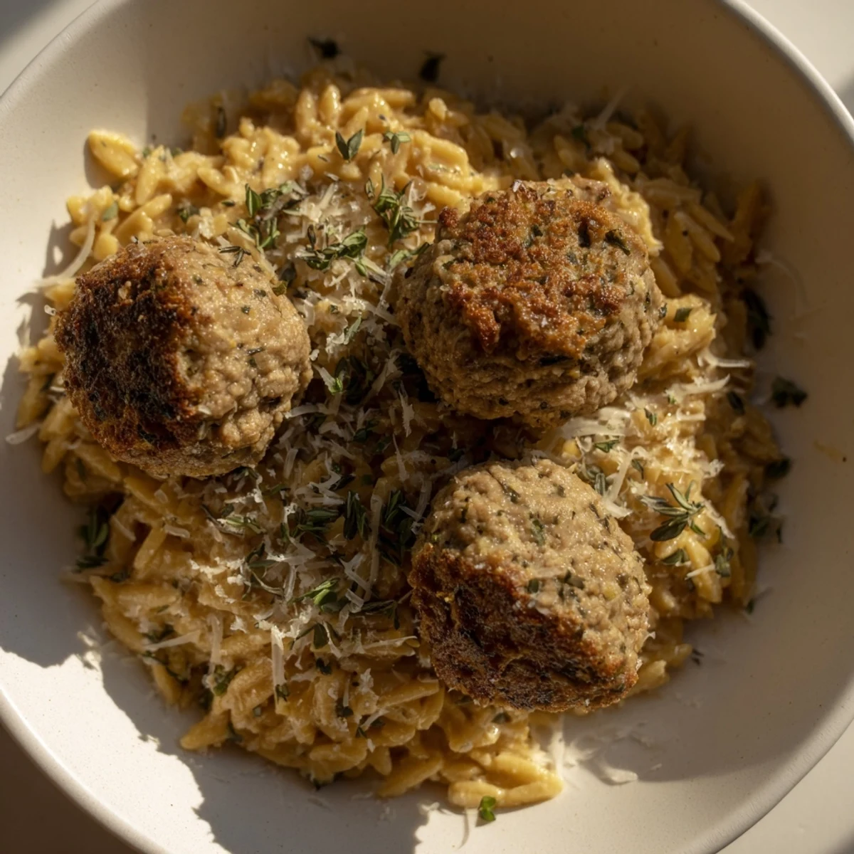A close-up of savory sage turkey meatballs served atop creamy pumpkin orzo, perfect for any fall table.