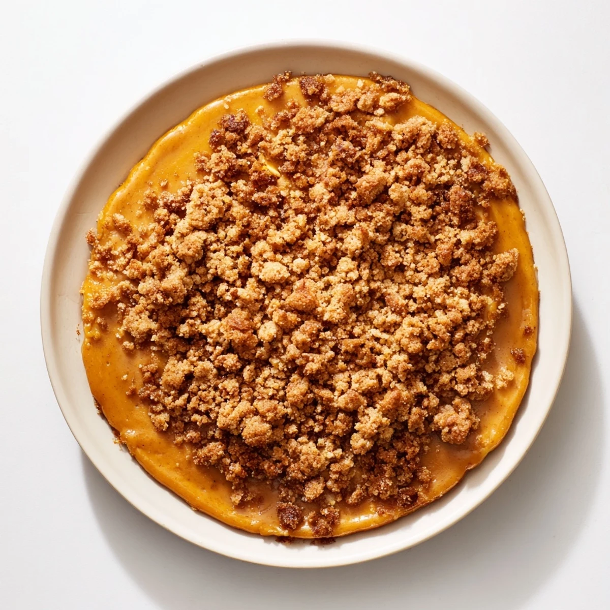 A close-up of a bubbling pumpkin crisp, showcasing the textures of the spiced crumble and filling.