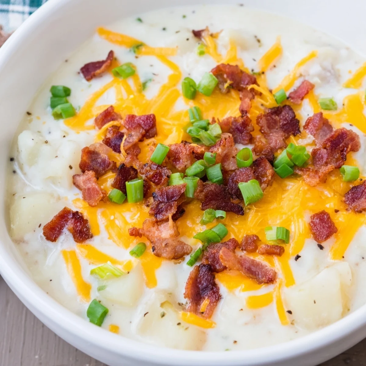 Crockpot Loaded Baked Potato Soup with visible bacon crumbles and creamy, cheesy texture.
