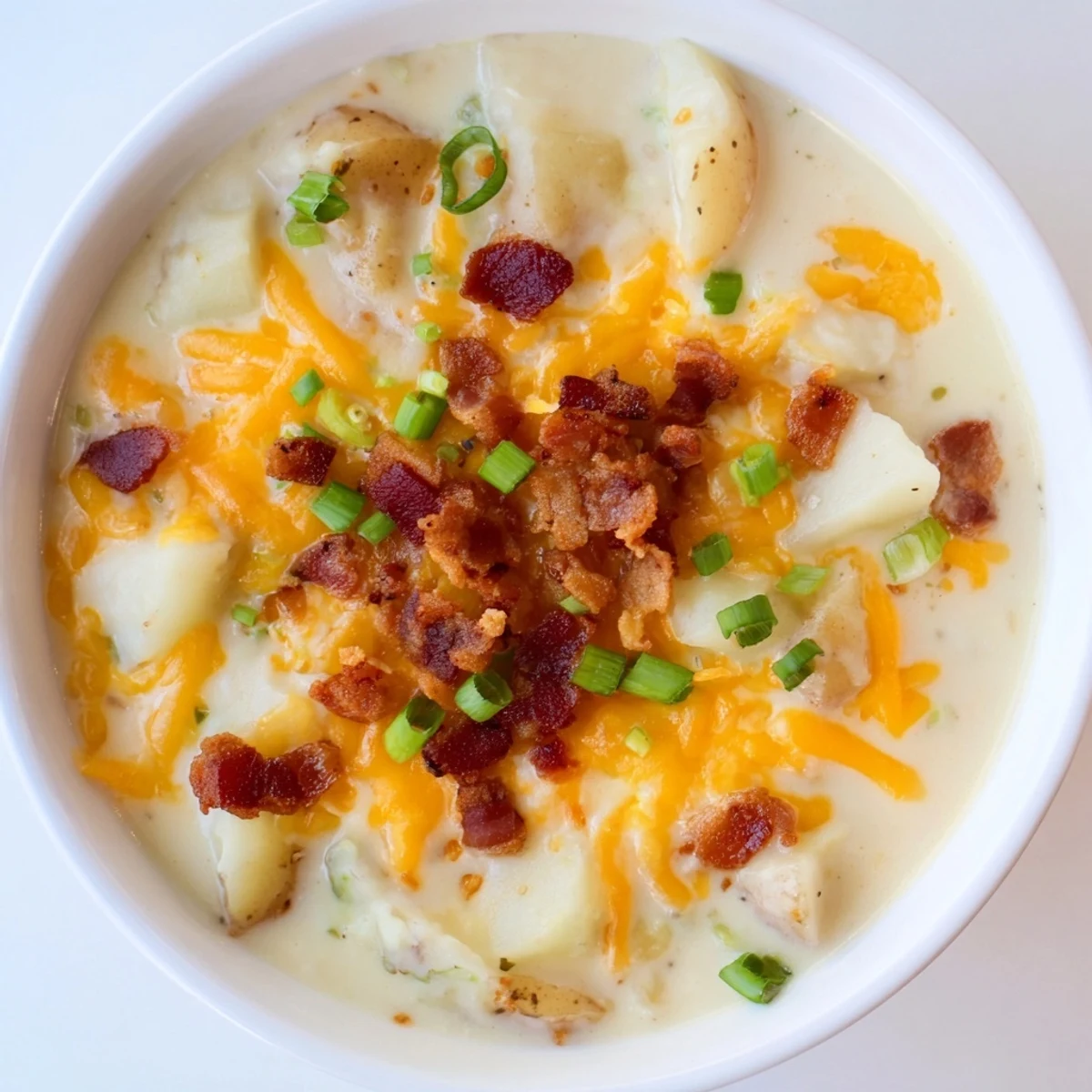 Hearty Crockpot Loaded Baked Potato Soup, rich with cheddar and topped with crispy bacon pieces.