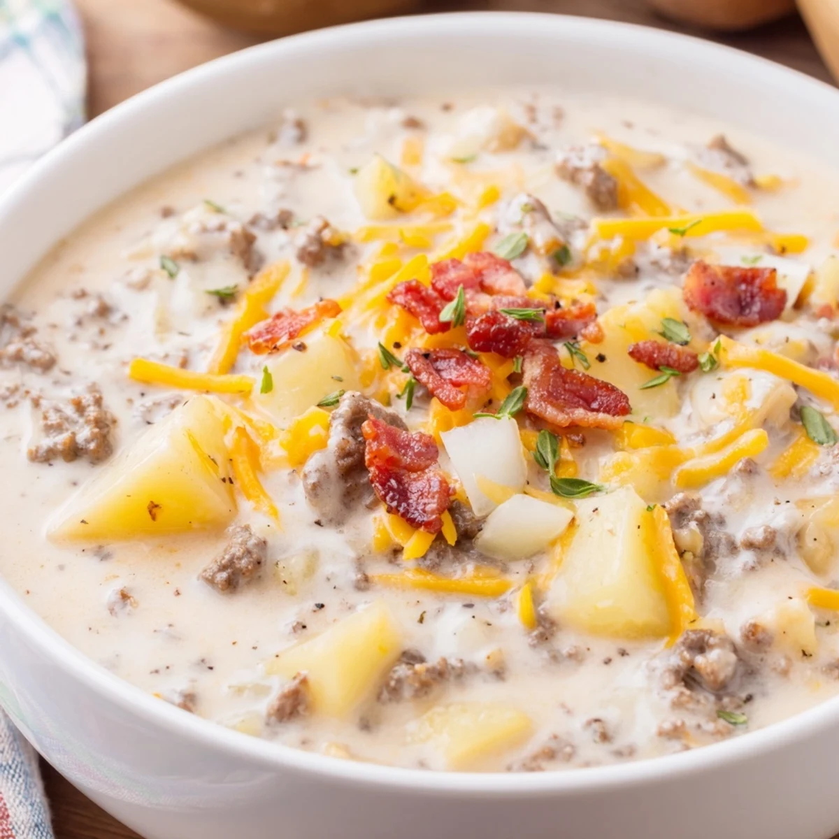 Smoky bacon and melty cheddar shine in this creamy crockpot cheeseburger soup, ready to serve!