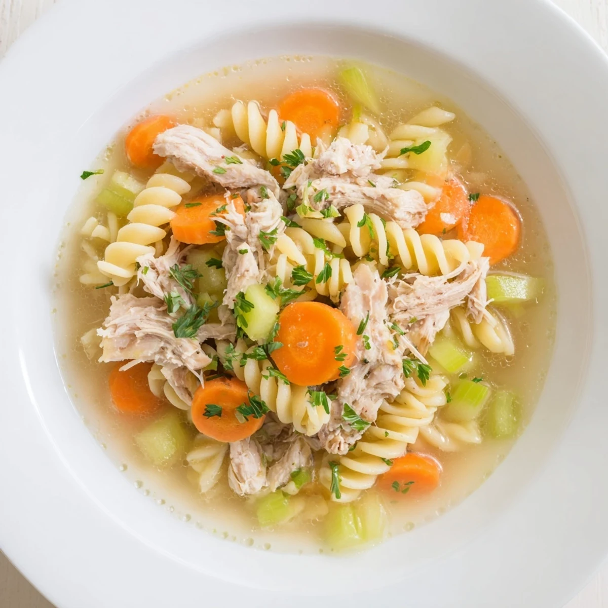 Close-up shot shows flavorful Crockpot Chicken Noodle Soup, ready to serve with fresh parsley garnish.