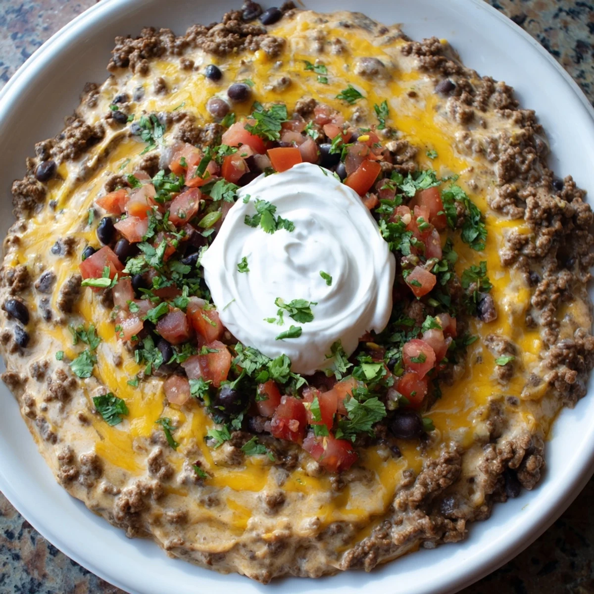 A close-up view of the rich, savory Slow Cooker Cream Cheese Taco Dip, ready to be scooped with crispy tortilla chips.