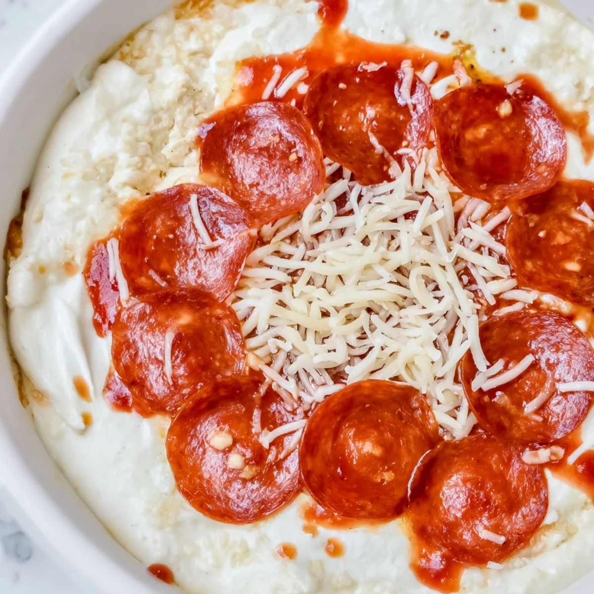 Close-up of a bubbling Pizza Dip, rich tomato sauce and gooey cheese creating a beautiful look.