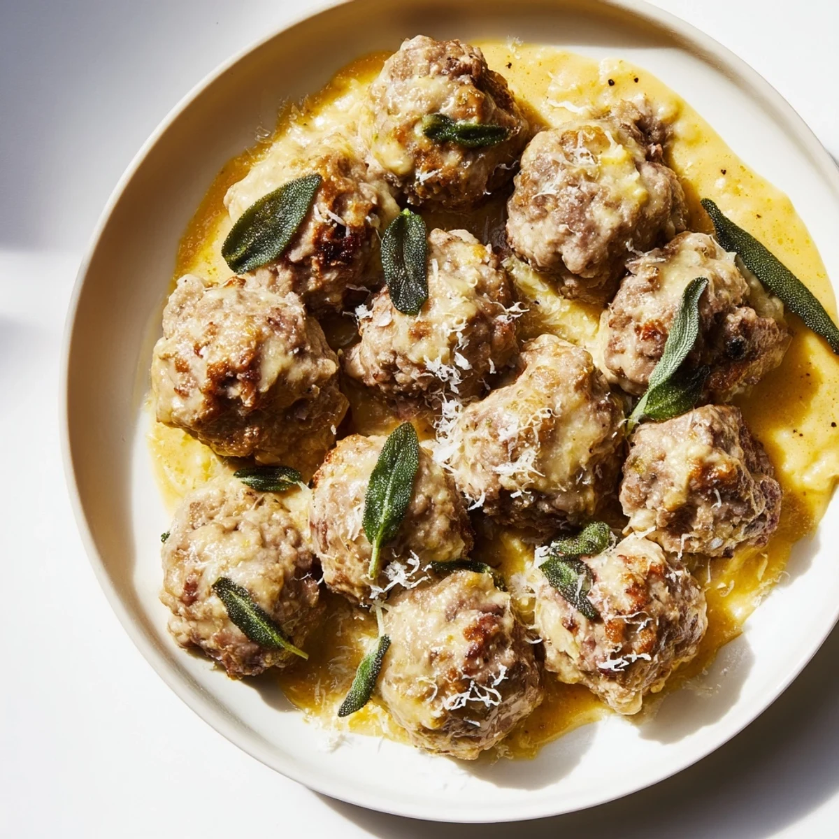 Juicy Turkey Meatballs with Pumpkin Sage Sauce simmer in a creamy, golden sauce, ready to be enjoyed.