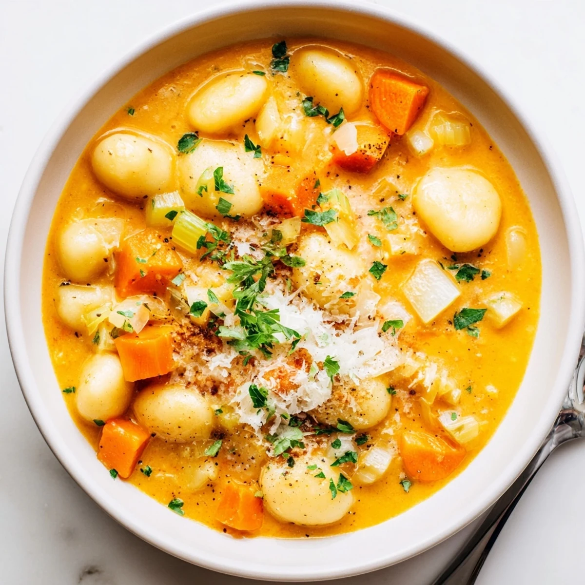 Golden, creamy Savory Butternut Squash Gnocchi Soup with soft gnocchi and fragrant herbs.