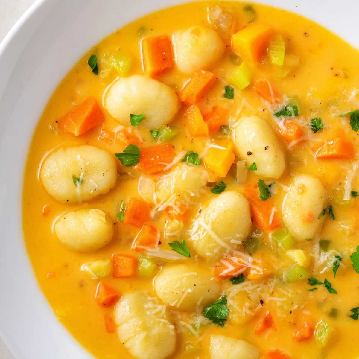 Delicious, vegetarian Savory Butternut Squash Gnocchi Soup, perfect for a cozy, comforting dinner.
