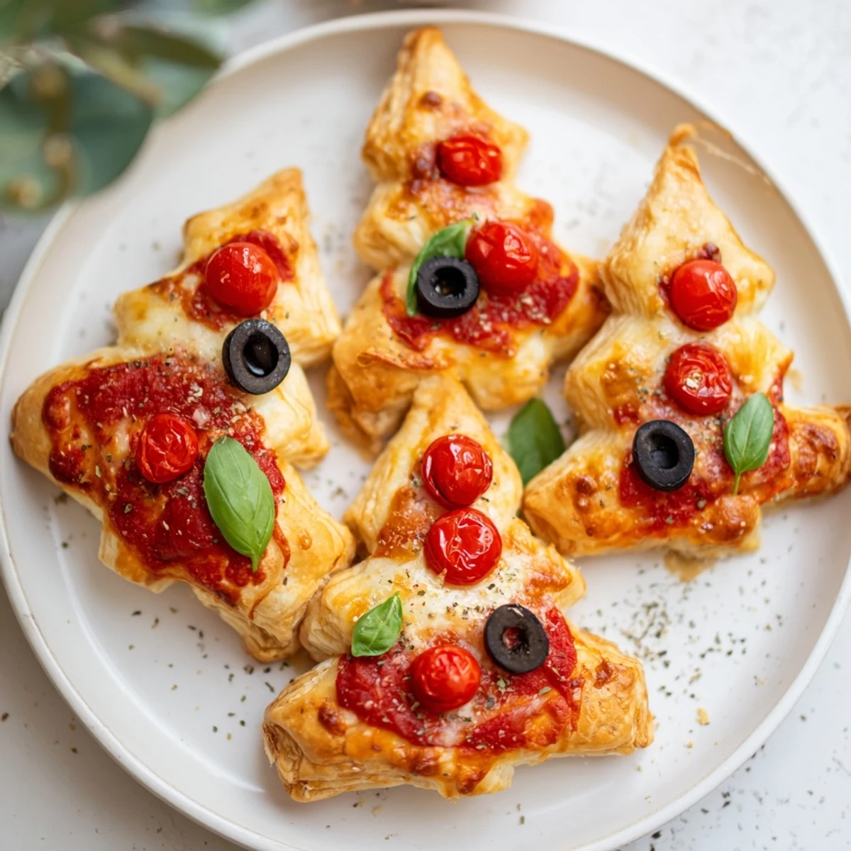 Warm, golden Puff Pastry Christmas Tree Pizza Bites with melted mozzarella, perfect for holiday gatherings.