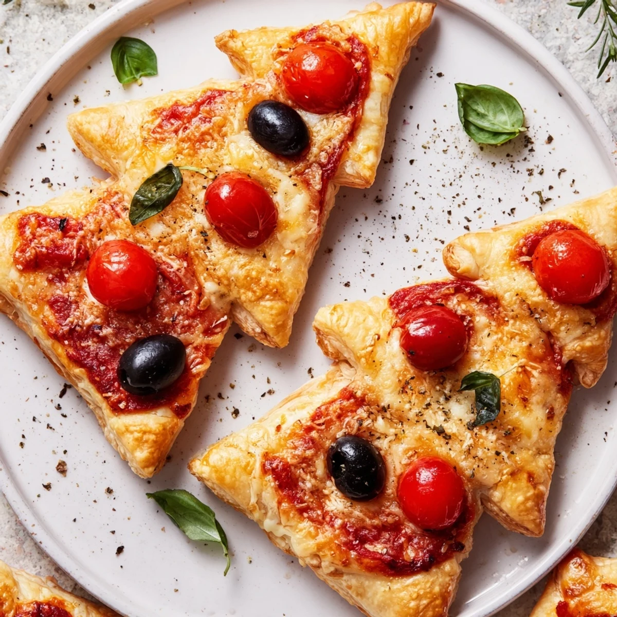 Flaky, Italian-inspired Puff Pastry Christmas Tree Pizza Bites with olives and basil; an easy, delicious appetizer.