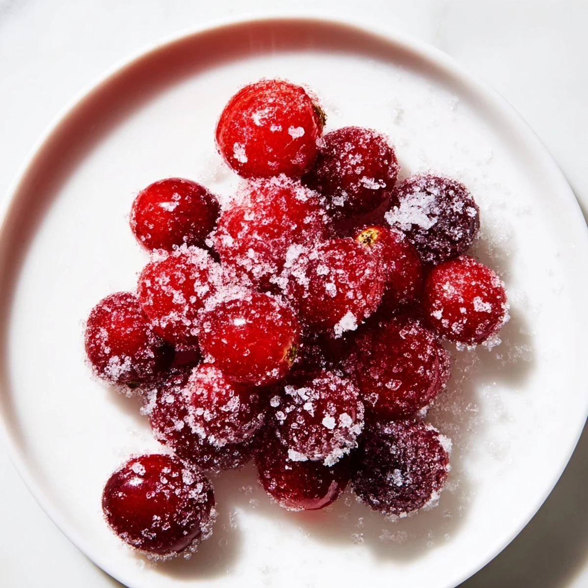 Sparkling, glossy 5-Minute Express Candied Cranberries are coated in glittering sugar, ready to be enjoyed.