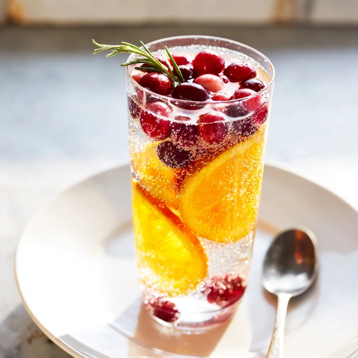 A delicious close-up of a Snow Globe Mocktail highlighting the floating cranberries, with sparkling water and orange slices.