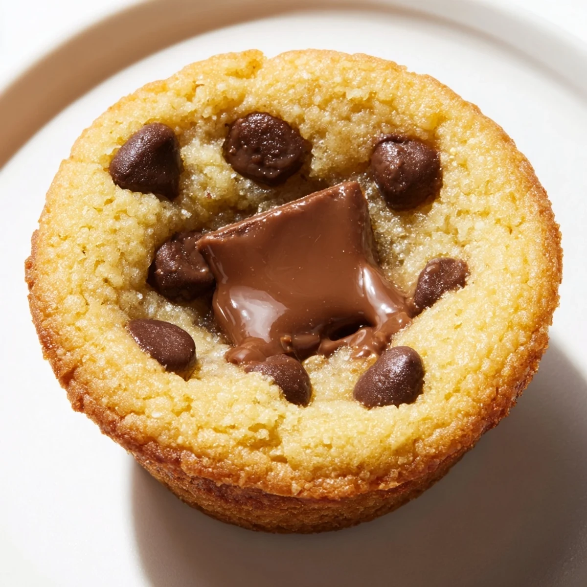 Golden-brown air fryer gooey cookie cups, showing a molten chocolate center, ready to eat!