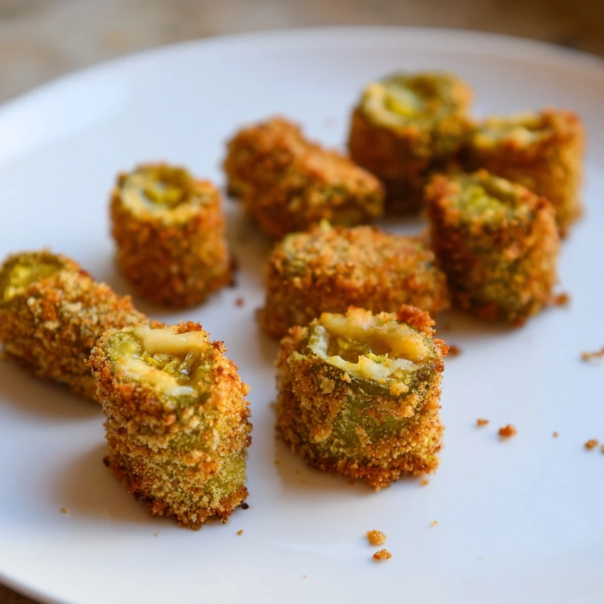 Melted cheese hugging tart pickles prepared as Crispy Cheese-Wrapped Pickle Ornaments; a delicious party appetizer.