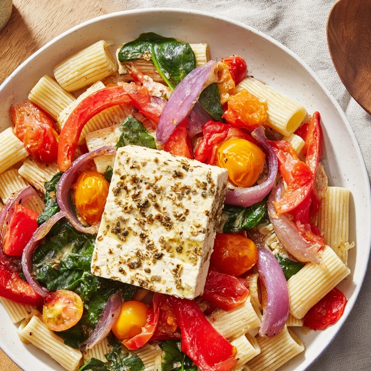 Golden, creamy One-Pan Baked Feta Christmas Pasta with burst tomatoes and fresh basil garnish.