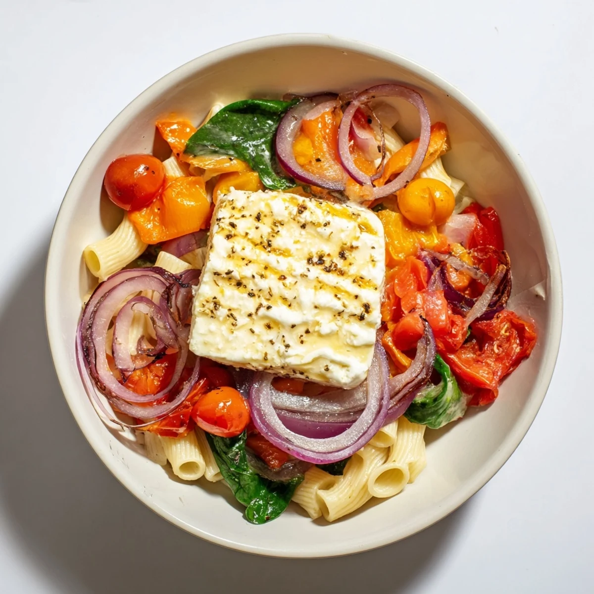A close-up view of steaming One-Pan Baked Feta Christmas Pasta, showcasing its colorful festive flavors.