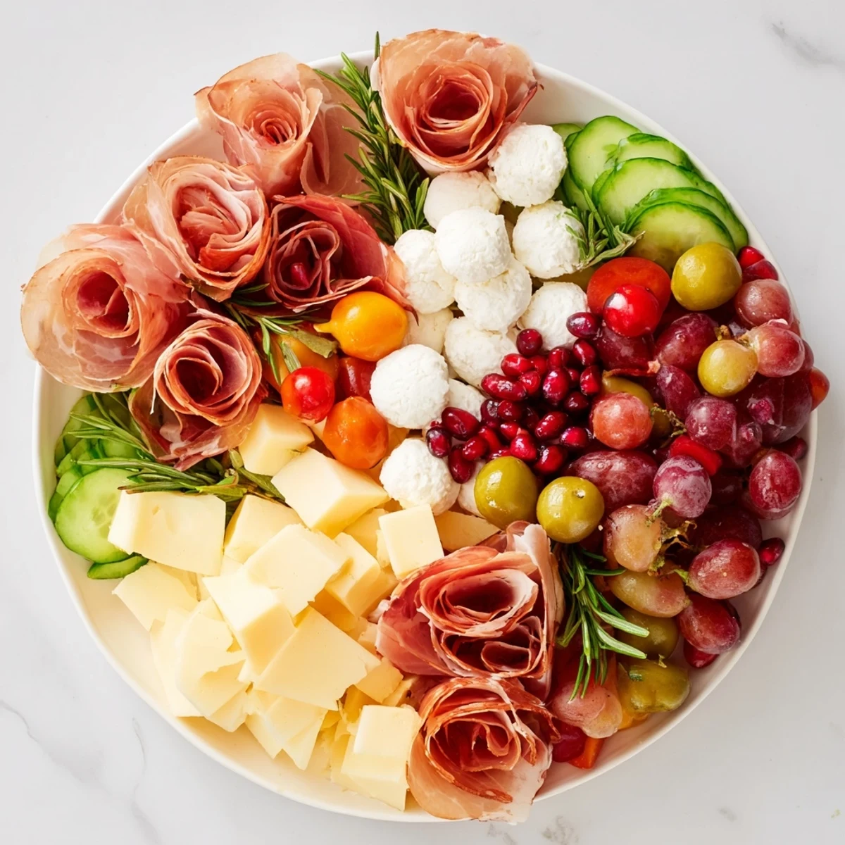 A gorgeous overhead shot of the Quick Christmas Charcuterie Wreath Board, perfect for a holiday gathering.
