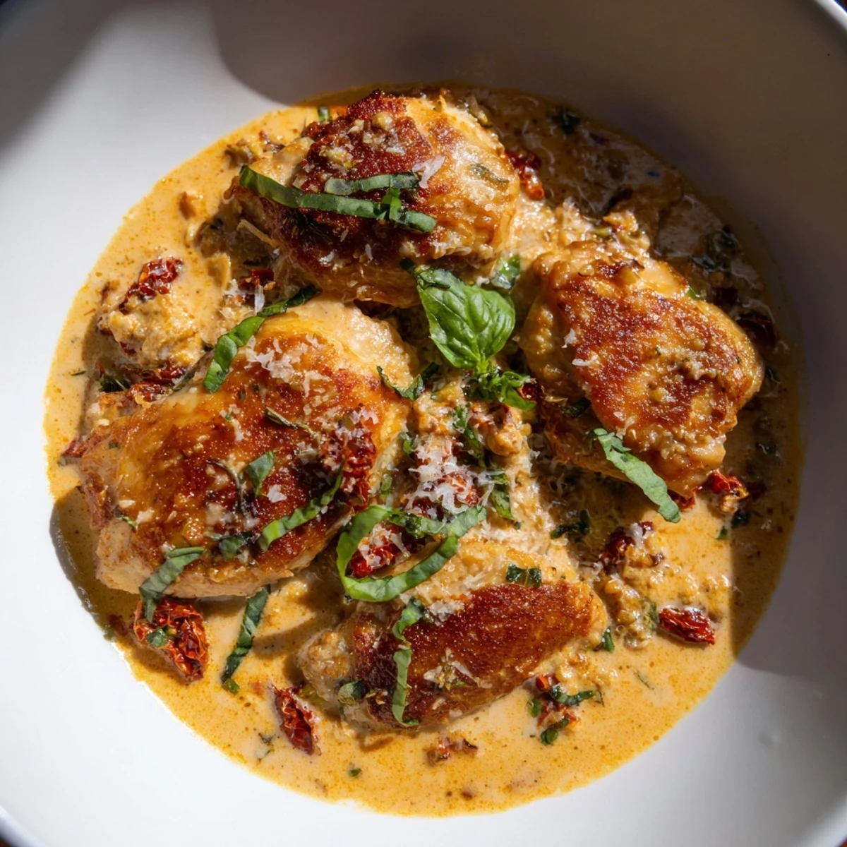 Golden, seared Marry Me Chicken Thighs bathed in a creamy, red-hued sauce, garnished with fresh herbs.