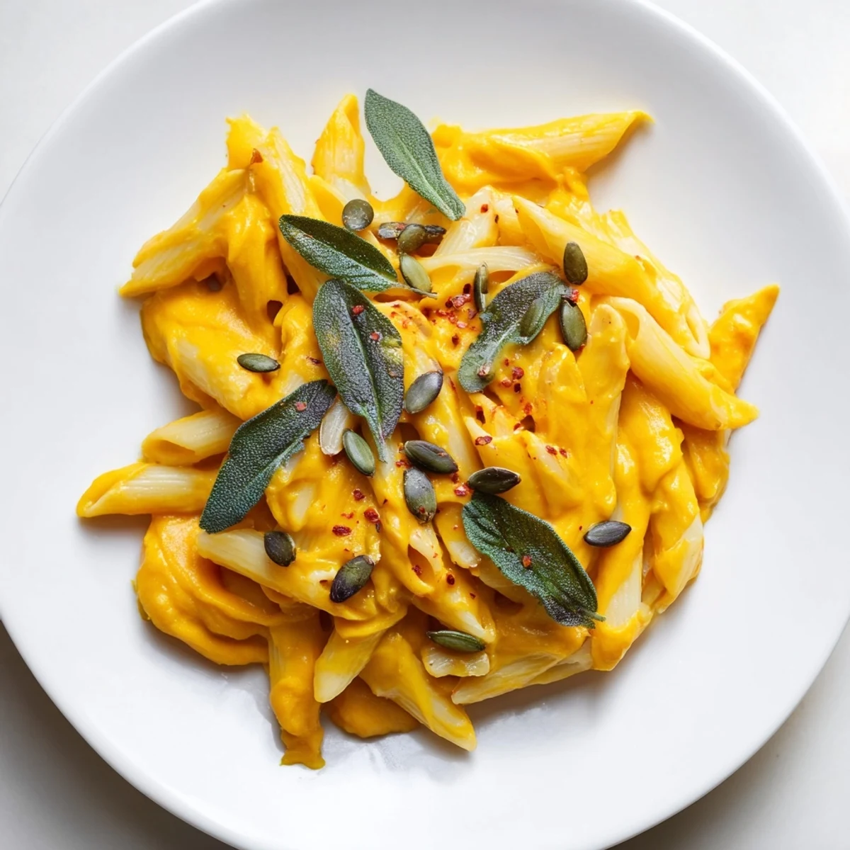 Steaming bowl of Vegan Creamy Pumpkin Pasta, garnished with toasted pumpkin seeds and fresh sage leaves.