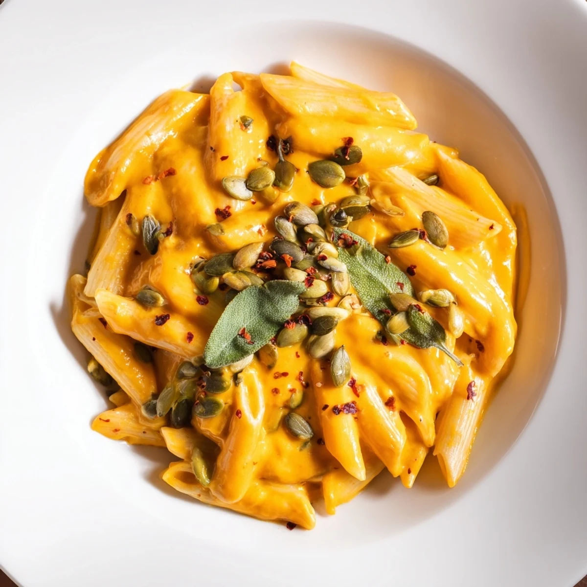 A close-up view of creamy Vegan Creamy Pumpkin Pasta, showcasing the rich pumpkin sauce's texture.
