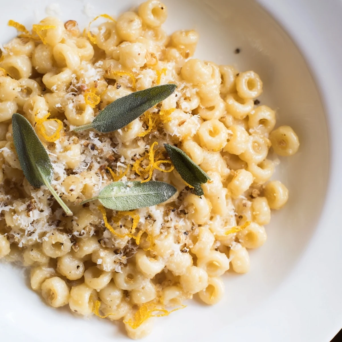 Flavorful brown butter coats the ditalini, garnished with crispy sage, a perfect Italian pasta recipe.