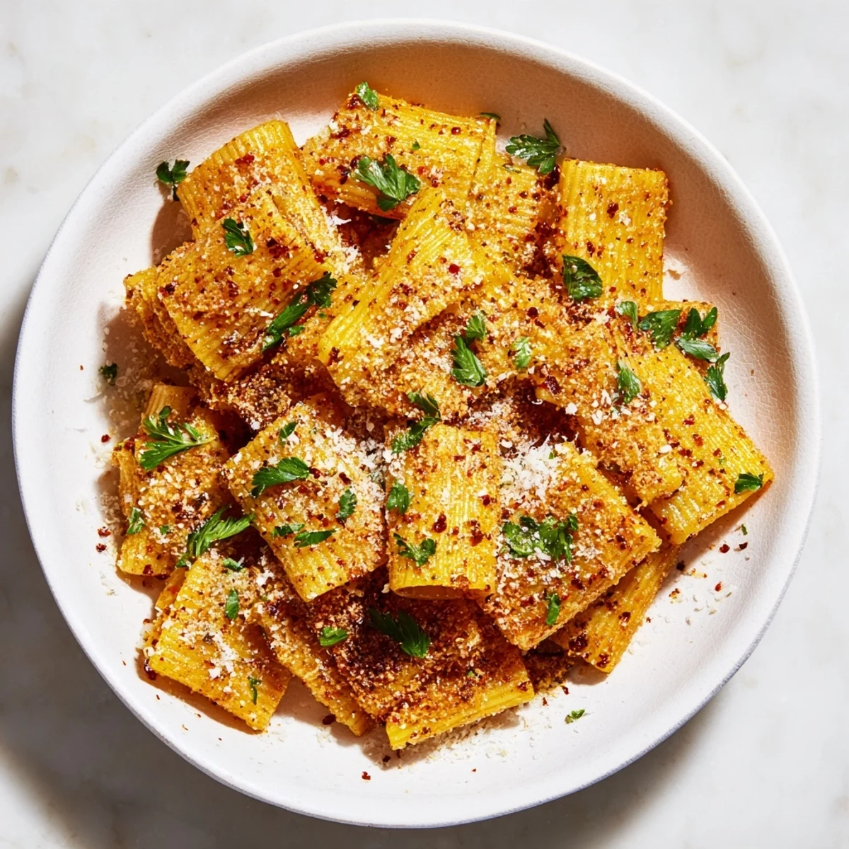 Golden, crispy Spicy Lemon-Parmesan Pasta Chips, seasoned with chili and ready for dipping.