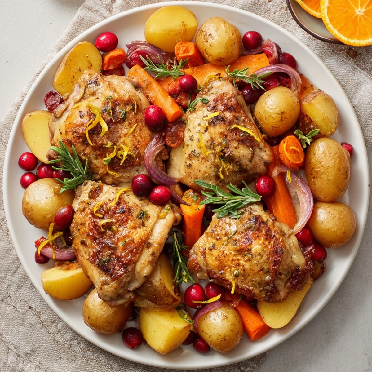 Juicy One-Pan Olive Oil Roast Chicken, presented with vibrant cranberries, herbs and perfectly roasted vegetables.
