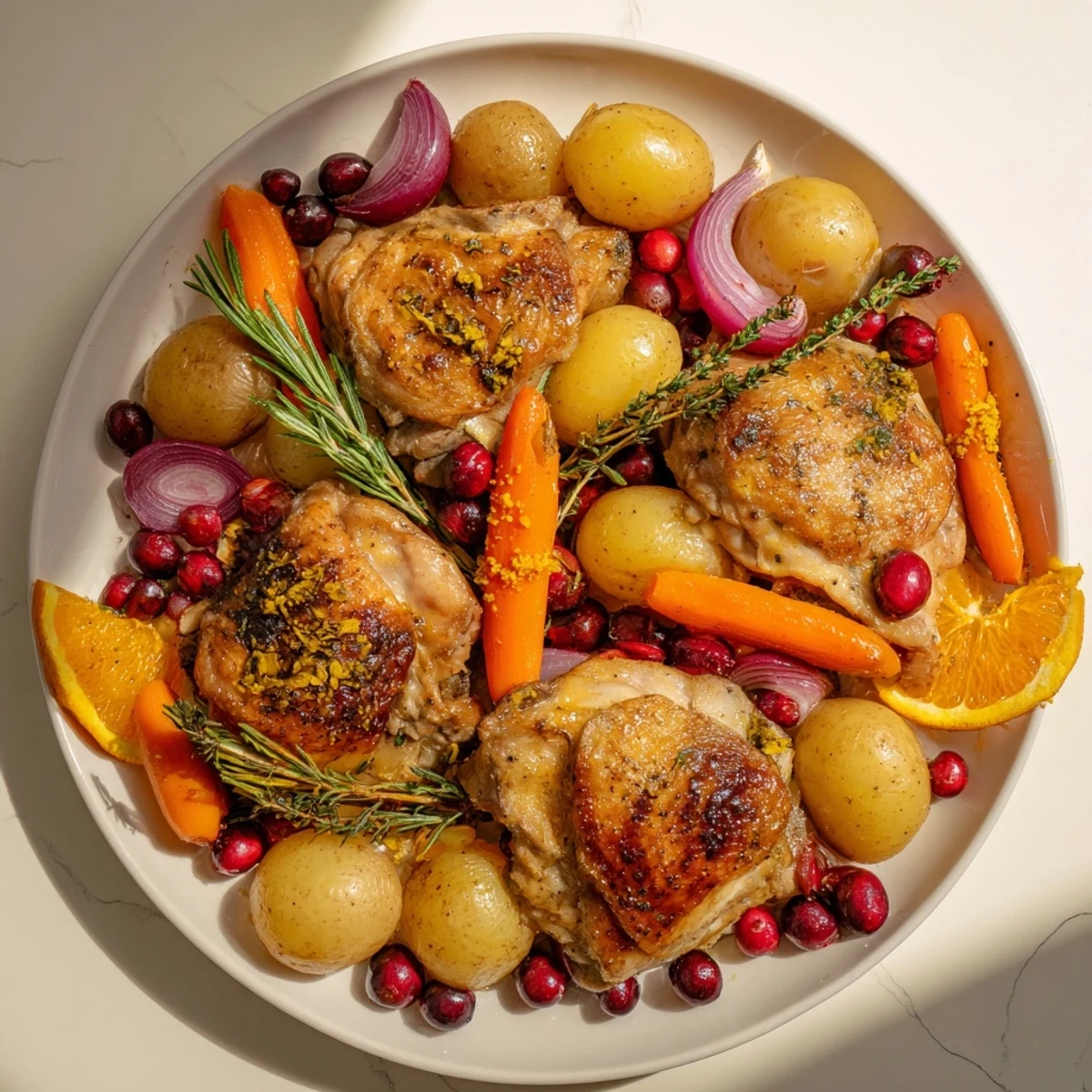 Tender chicken roasted alongside sweet cranberries in this flavorful One-Pan Olive Oil Roast Chicken recipe.