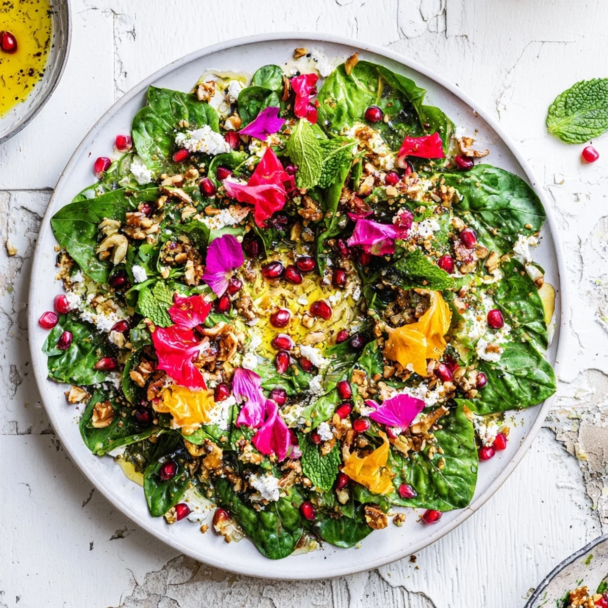 Mediterranean Pomegranate Feta Wreath Salad—a refreshing vegetarian salad arranged with holiday cheer.