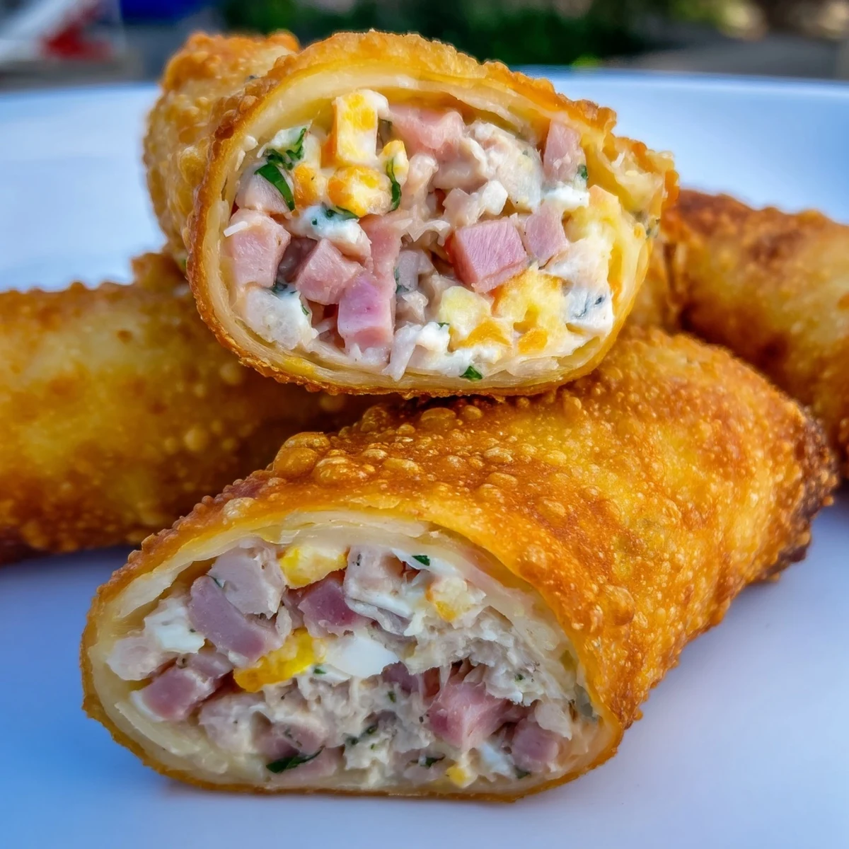 Close-up of freshly fried Crispy Chicken Greggs Egg Rolls, showcasing their savory, meat-filled, delicious insides.