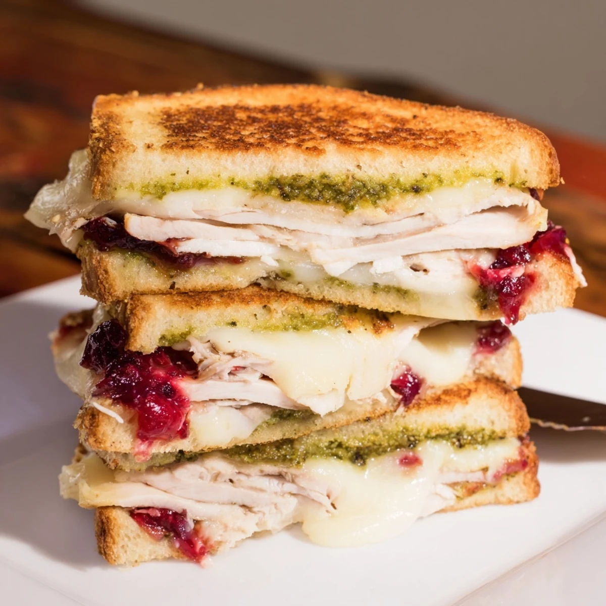 Golden, gooey Pesto Cranberry Turkey Grilled Cheese Melt, perfectly toasted with melted cheese, turkey slices.
