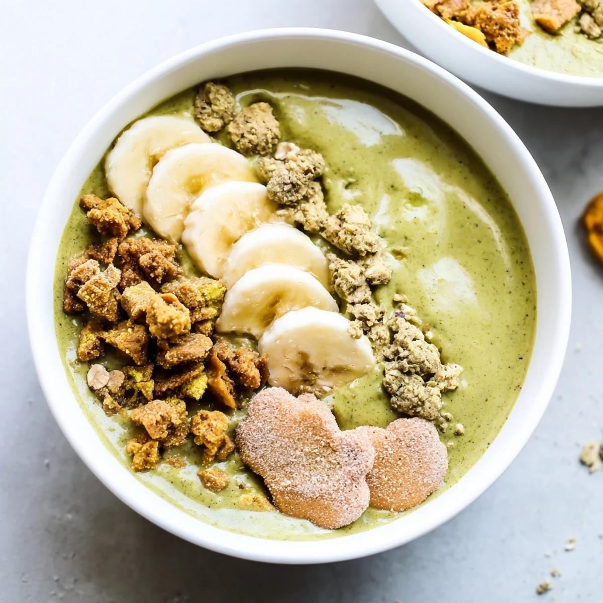 Vibrant gingerbread cookie matcha breakfast smoothie bowl, topped with granola and candied ginger.