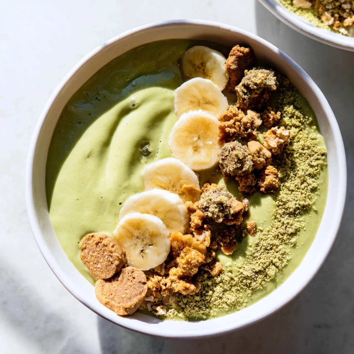 Enjoy a healthy gingerbread cookie matcha breakfast smoothie bowl, a delicious, spiced breakfast.